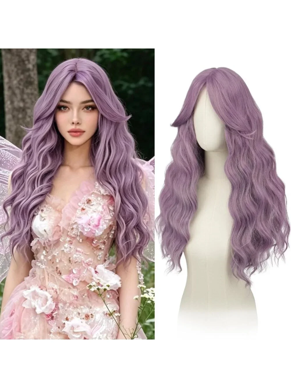 Women's Light Purple 26 Inch Heat Resistant Curtain Bangs Long Wavy Wigs